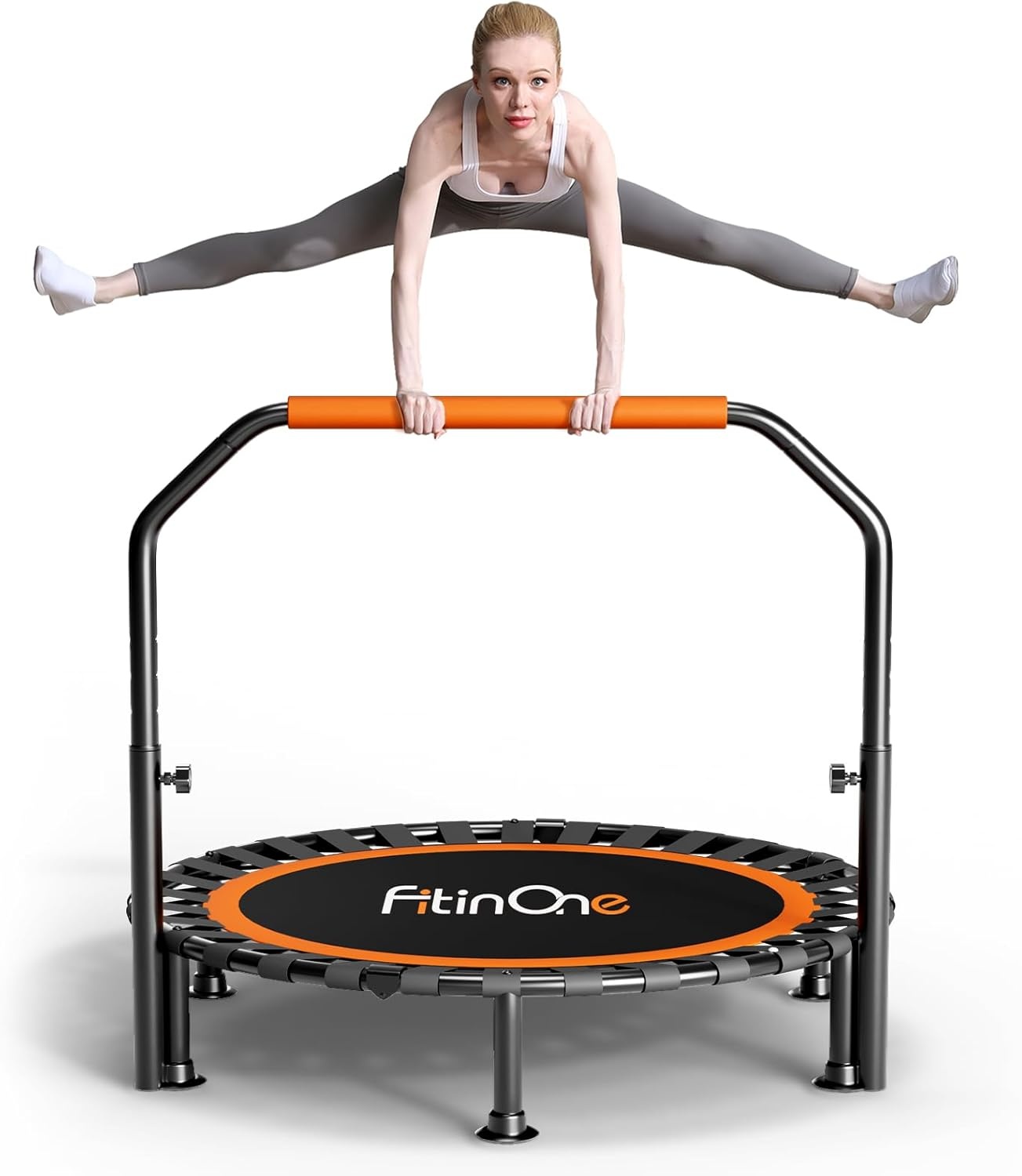 FitinOne Foldable Mini Trampoline Load 204 kg, Portable Exercise Trampoline with Adjustable Foam Handle, Fitness Trampoline for Adults and Children