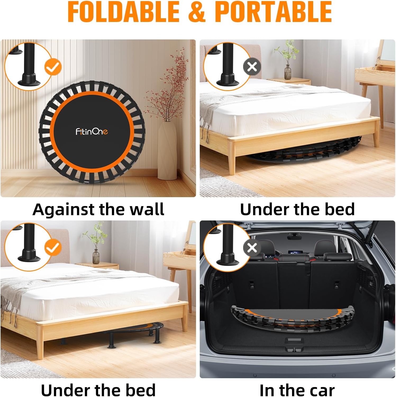 FitinOne Foldable Mini Trampoline Load 204 kg, Portable Exercise Trampoline with Adjustable Foam Handle, Fitness Trampoline for Adults and Children