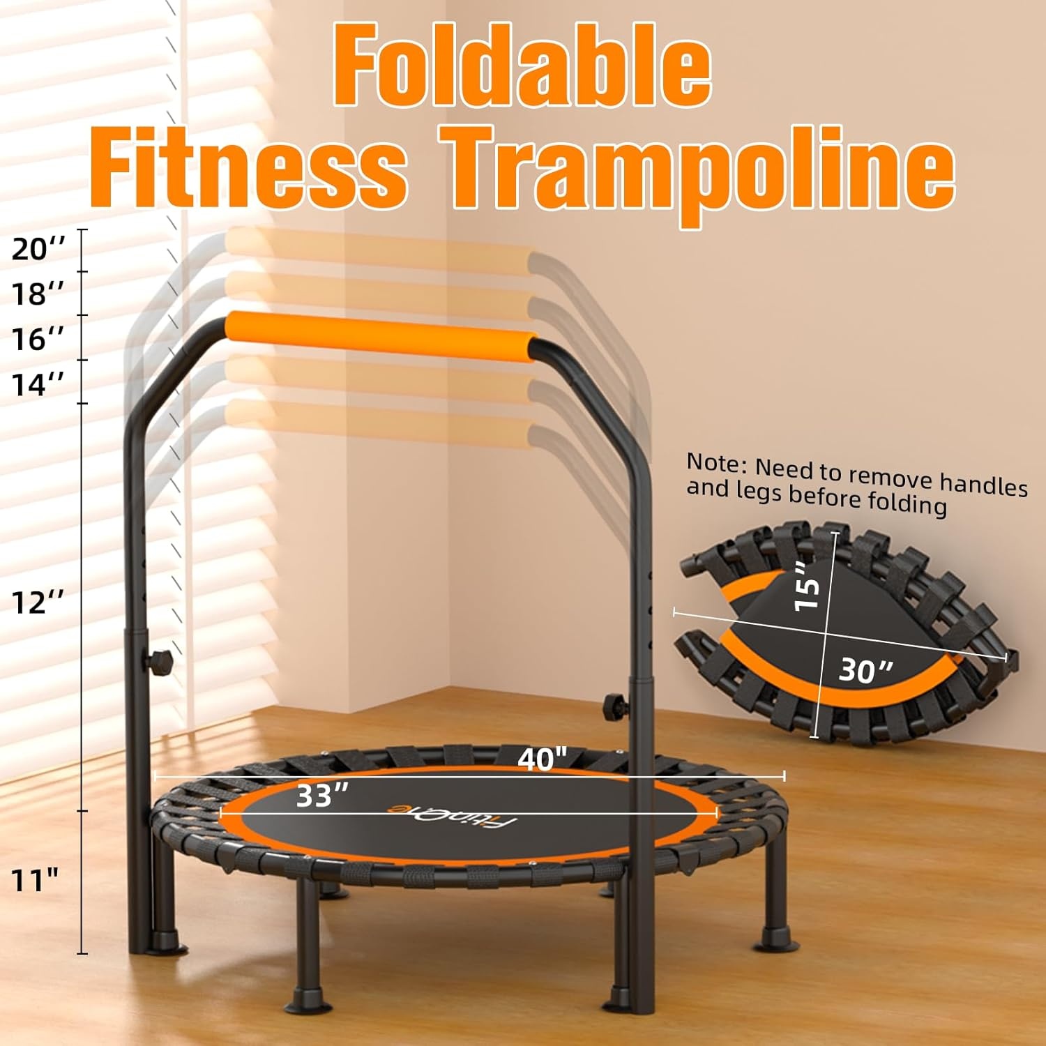 FitinOne Foldable Mini Trampoline Load 204 kg, Portable Exercise Trampoline with Adjustable Foam Handle, Fitness Trampoline for Adults and Children