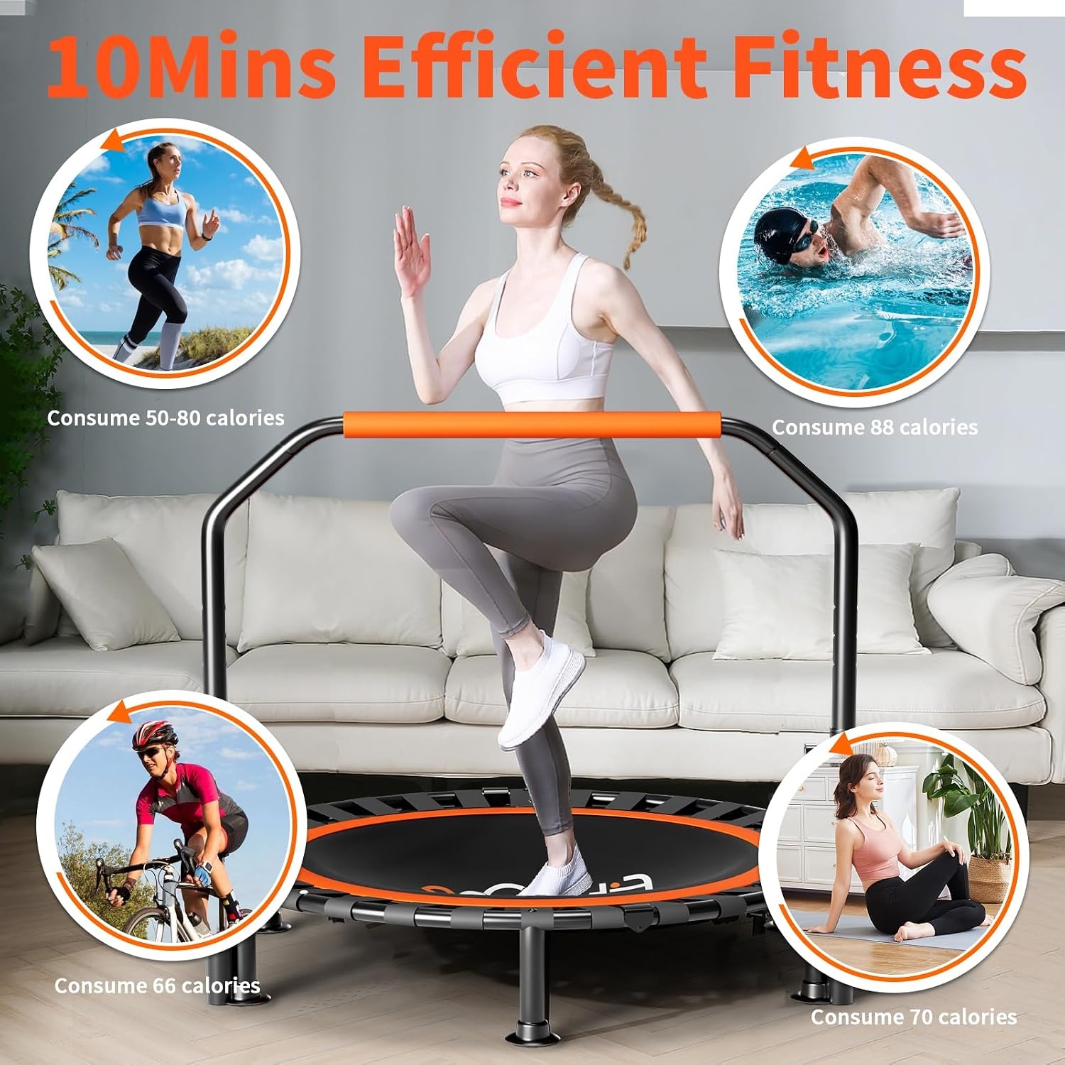 FitinOne Foldable Mini Trampoline Load 204 kg, Portable Exercise Trampoline with Adjustable Foam Handle, Fitness Trampoline for Adults and Children