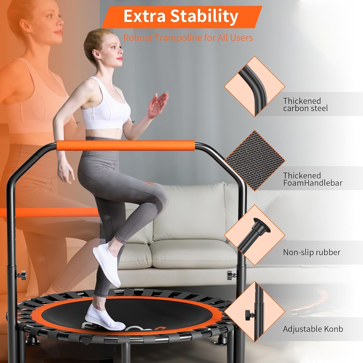 FitinOne Foldable Mini Trampoline Load 204 kg, Portable Exercise Trampoline with Adjustable Foam Handle, Fitness Trampoline for Adults and Children