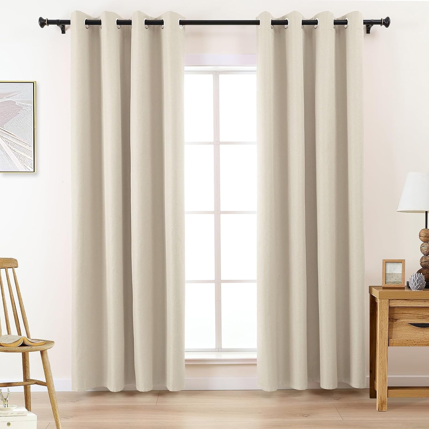 L.Z.E Beige Blackout Curtains for Bedroom, Linen Look 100% Black Out Curtains for Living Room, Eyelet Drapes for Nursery Kids Room, 96 Inch Drop 245 cm Long Thermal Windproof