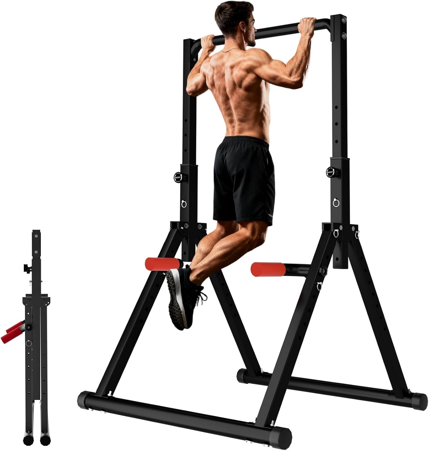 DOBESTS Folding Power Tower Dip Station Pull-Up Bar, Free-Standing, Height Adjustable, Multifunctional Fitness Training Device, Push-ups, Abdominal, Triangular Structure, Stable