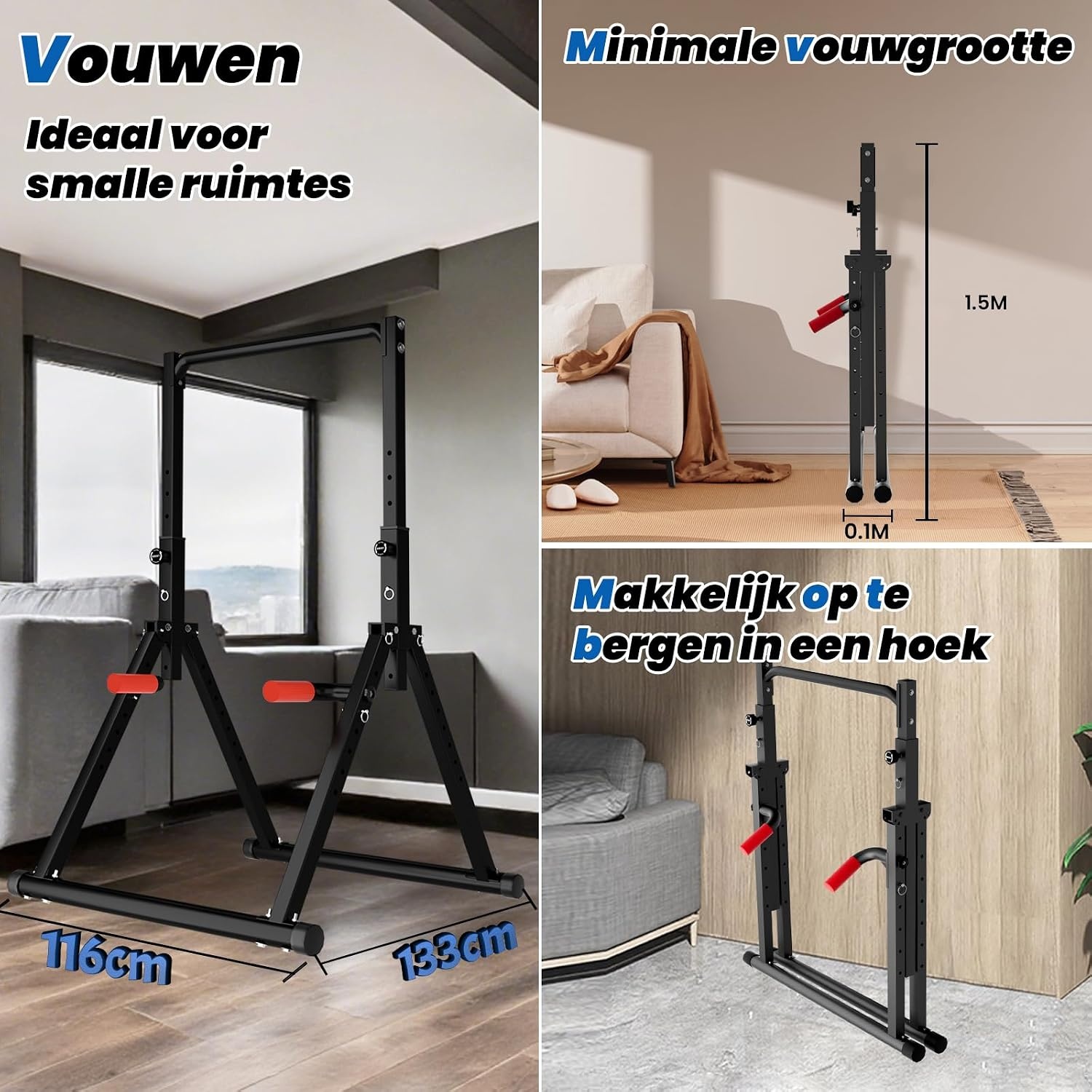 DOBESTS Folding Power Tower Dip Station Pull-Up Bar, Free-Standing, Height Adjustable, Multifunctional Fitness Training Device, Push-ups, Abdominal, Triangular Structure, Stable