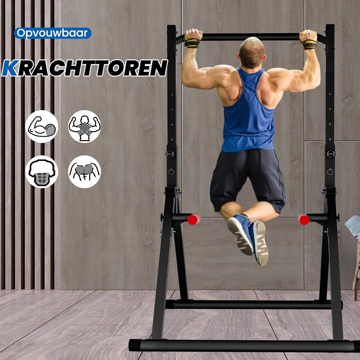 DOBESTS Folding Power Tower Dip Station Pull-Up Bar, Free-Standing, Height Adjustable, Multifunctional Fitness Training Device, Push-ups, Abdominal, Triangular Structure, Stable