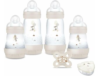 MAM - Mijn geboortedoos (6 producten) zand – 4 Easy Start anti-koliek flessen + 1 fopspeen geboorte + 1 gratis doseerdoos – ideaal geboortecadeau met flessen en ultrazachte fopspeen