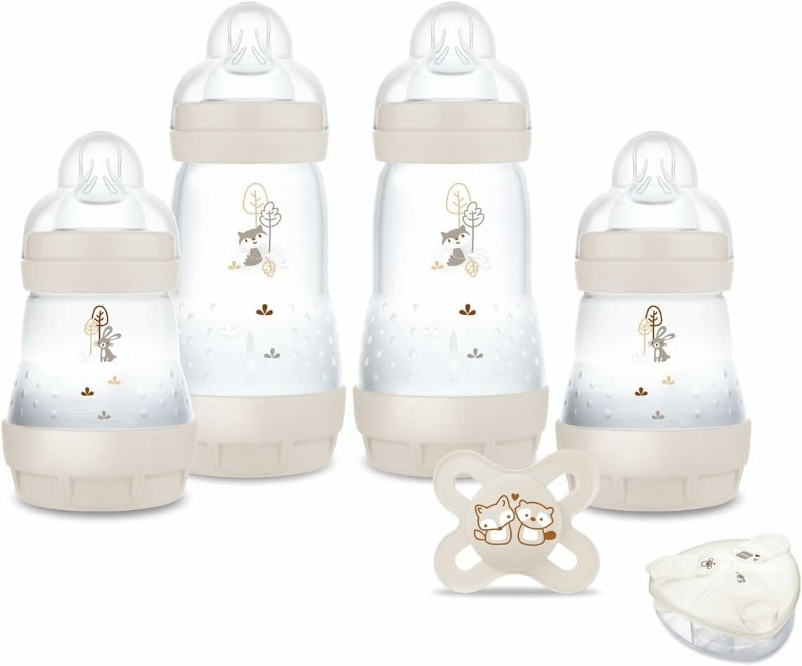 MAM - Mijn geboortedoos (6 producten) zand – 4 Easy Start anti-koliek flessen + 1 fopspeen geboorte + 1 gratis doseerdoos – ideaal geboortecadeau met flessen en ultrazachte fopspeen