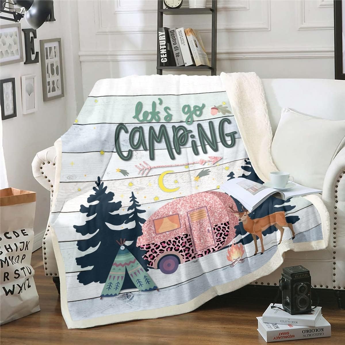 Homewish Fabrieksdeken voor de bank, Los Ga, fleece deken voor kinderen, glitter camper sherpa-deken, 229 x 229 cm, vintage gestreepte deken, jungle grenen boom silhouet beddeken