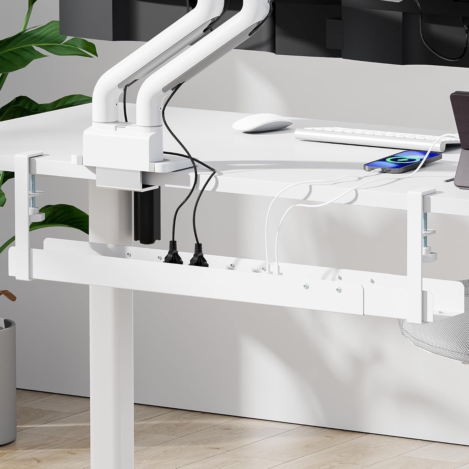 Mimoke Kabelgoot bureau - 800 tot 1200 mm uittrekbare kabelgoot, kabelmanagement, bureau met accessoires, eenvoudige klemmontage, wit