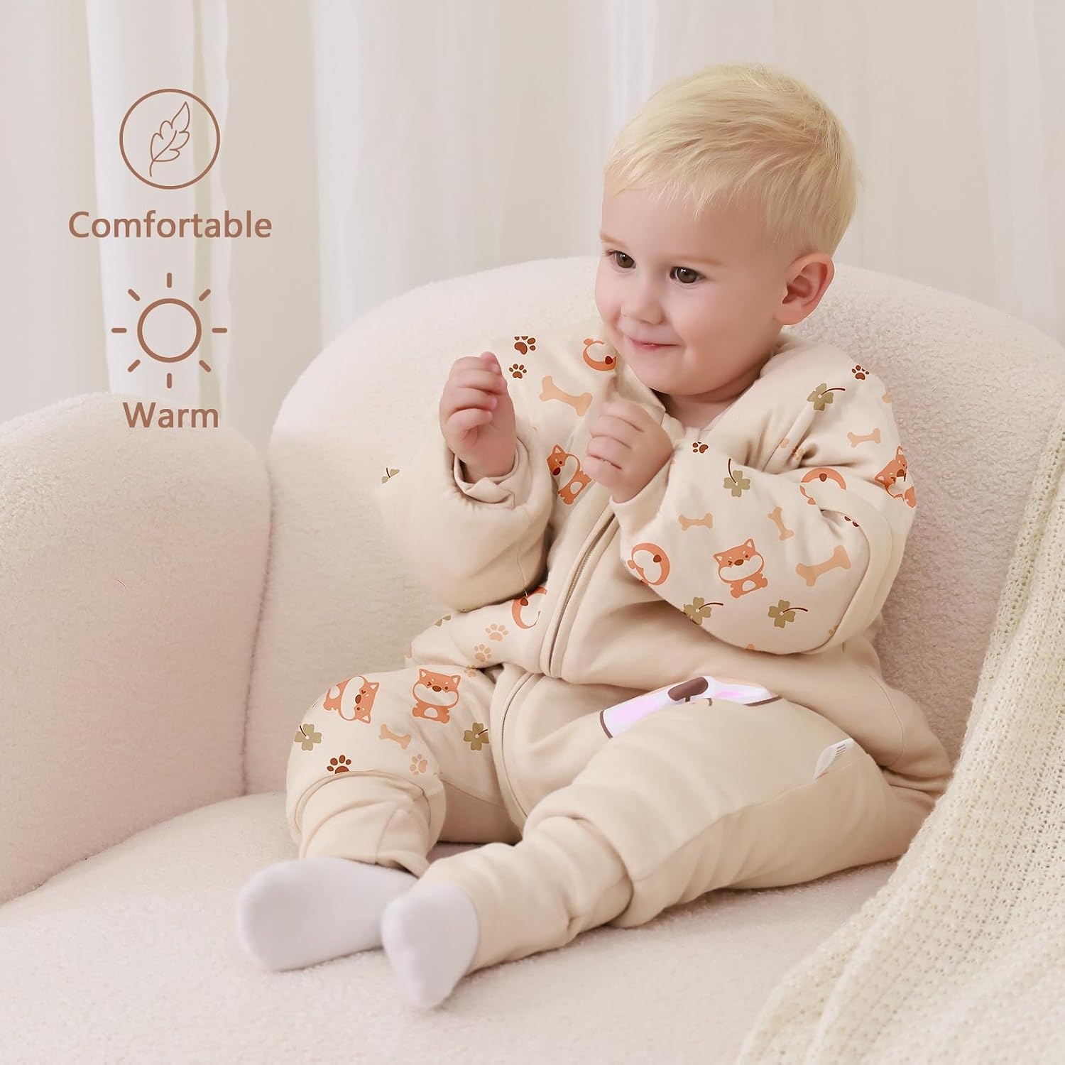 Babyslaapzak met lange mouwen met voeten 3,5 tog, winterslaapzak voor kinderen met pijpen, Pup, babyhoogte 105-115 cm