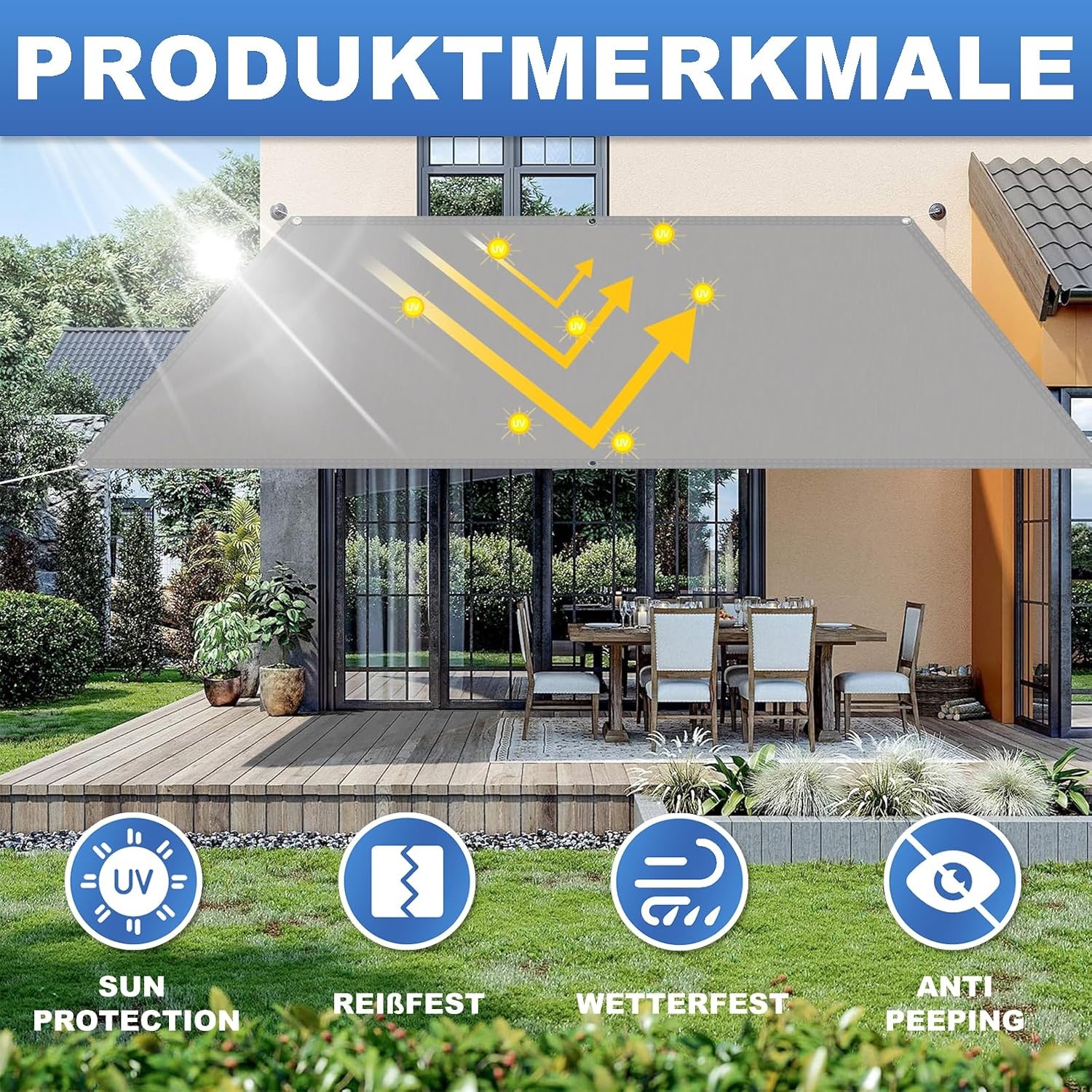 Zonnezeil, waterdicht, rechthoekig, met ingestanste ringen, luifelstof, 95% uv-bescherming, zonwering, luifel, scheurvast, weerbestendig, met touw, voor balkon, terras en tuin, lichtgrijs, 3 x 3 m