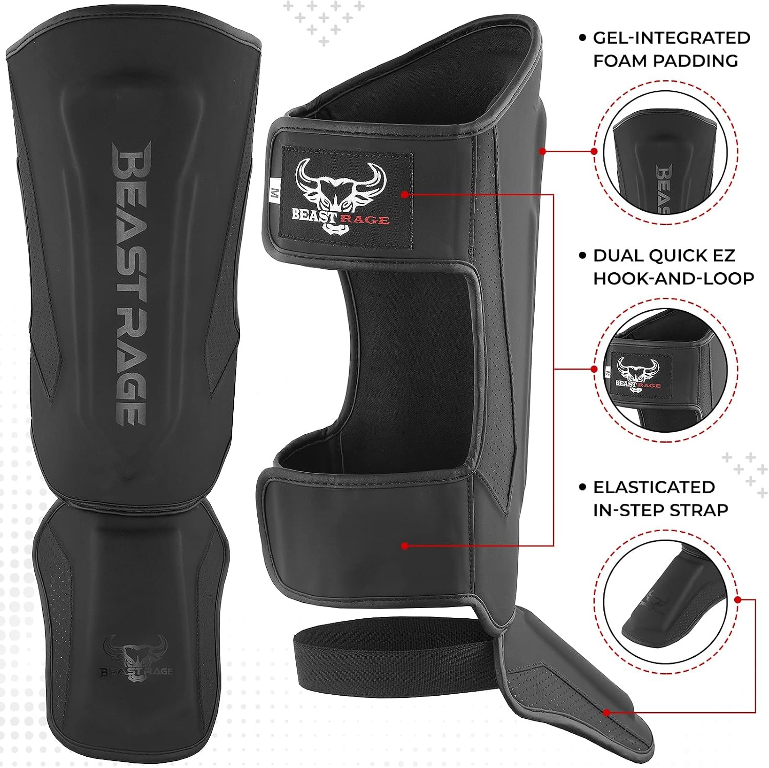 BEAST RAGE MMA Martial Arts Shin Guards for Kickboxing Adjustable Muay Thai, Padded Martial Arts Shin Pads Leg Guard with Instep Sleeves MMA Training BJJ Karate Boxing Taekwondo