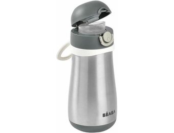 BEABA, 2-in-1 roestvrijstalen fles, fles/glasfunctie, drukknop voor eenvoudig openen, massief, gezond, afneembare handgrepen, roestvrij staal koud/warm, 350 ml, mineraalgrijs