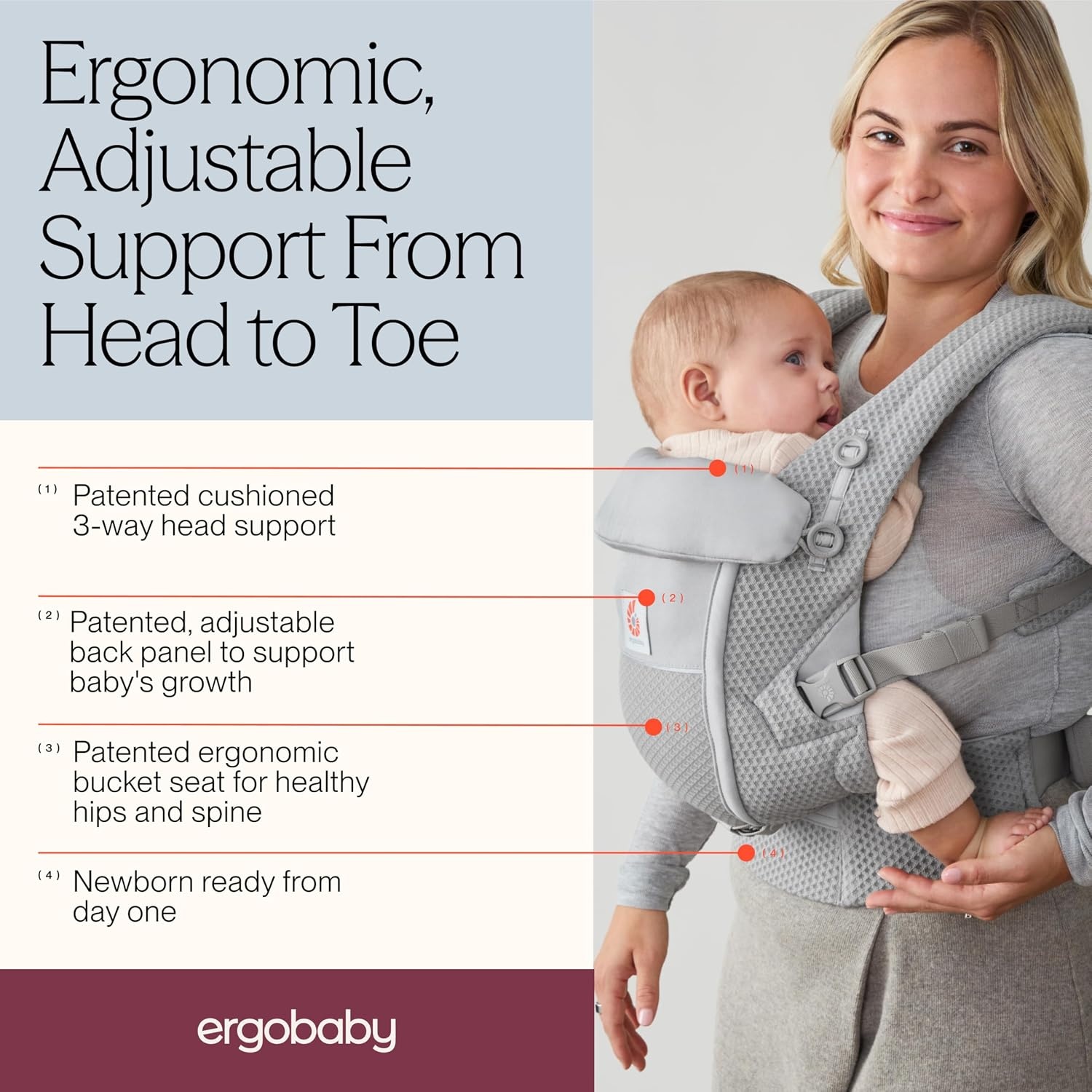 Ergobaby BCASFMGRY Adapt babydrager voor pasgeborenen vanaf de geboorte, met 3 posities SoftFlex mesh ergonomische buikdrager rugdrager draagzak, Pearl Grey