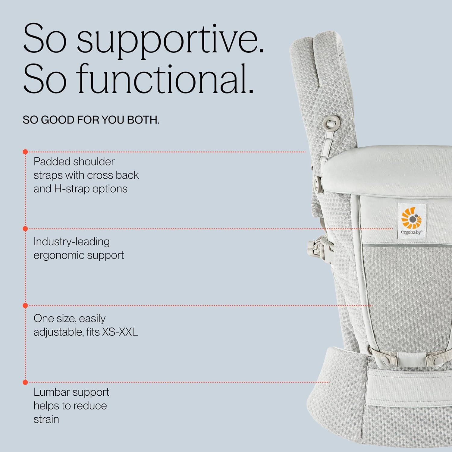 Ergobaby BCASFMGRY Adapt babydrager voor pasgeborenen vanaf de geboorte, met 3 posities SoftFlex mesh ergonomische buikdrager rugdrager draagzak, Pearl Grey