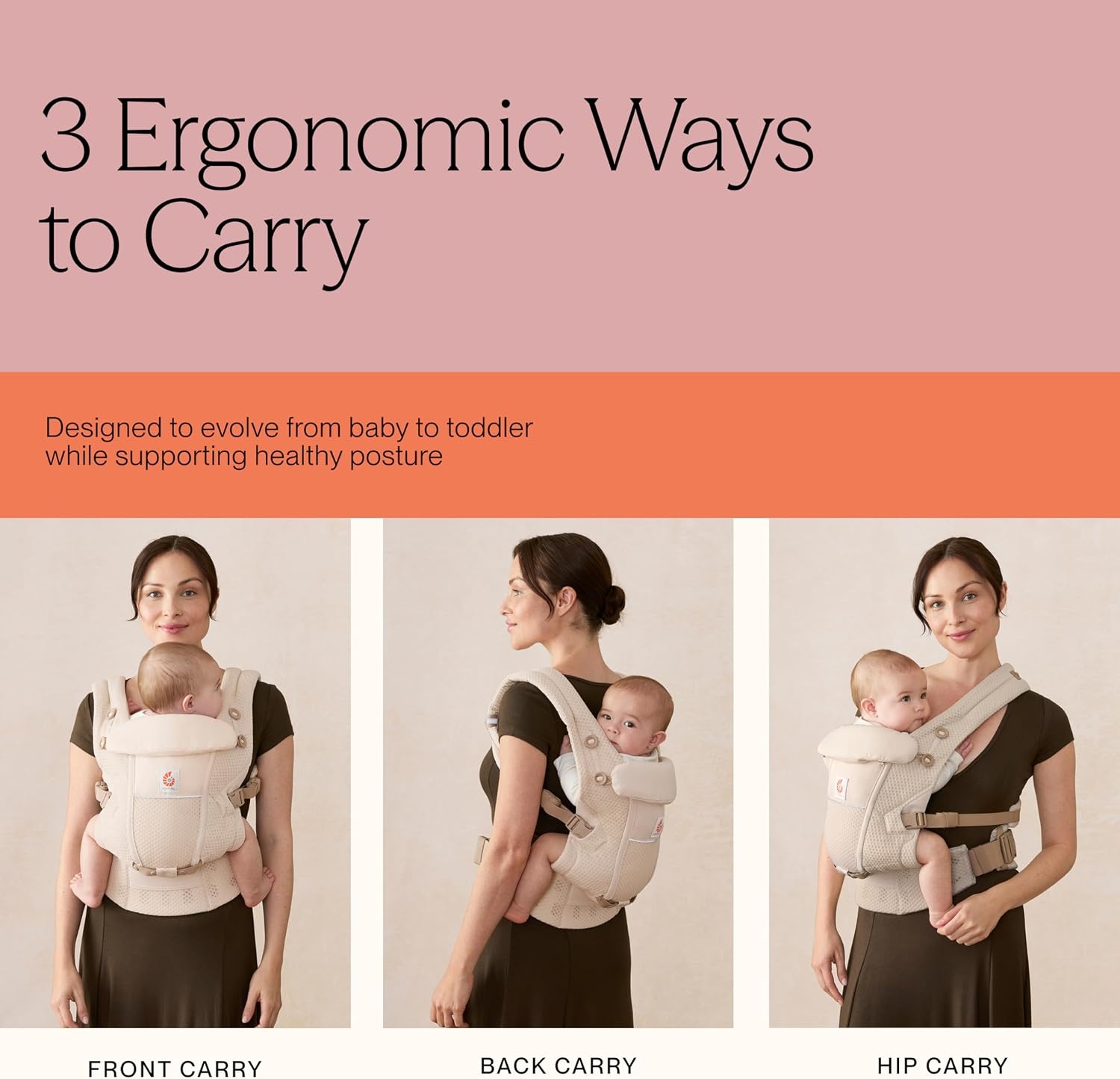 Ergobaby BCASFMGRY Adapt babydrager voor pasgeborenen vanaf de geboorte, met 3 posities SoftFlex mesh ergonomische buikdrager rugdrager draagzak, Pearl Grey