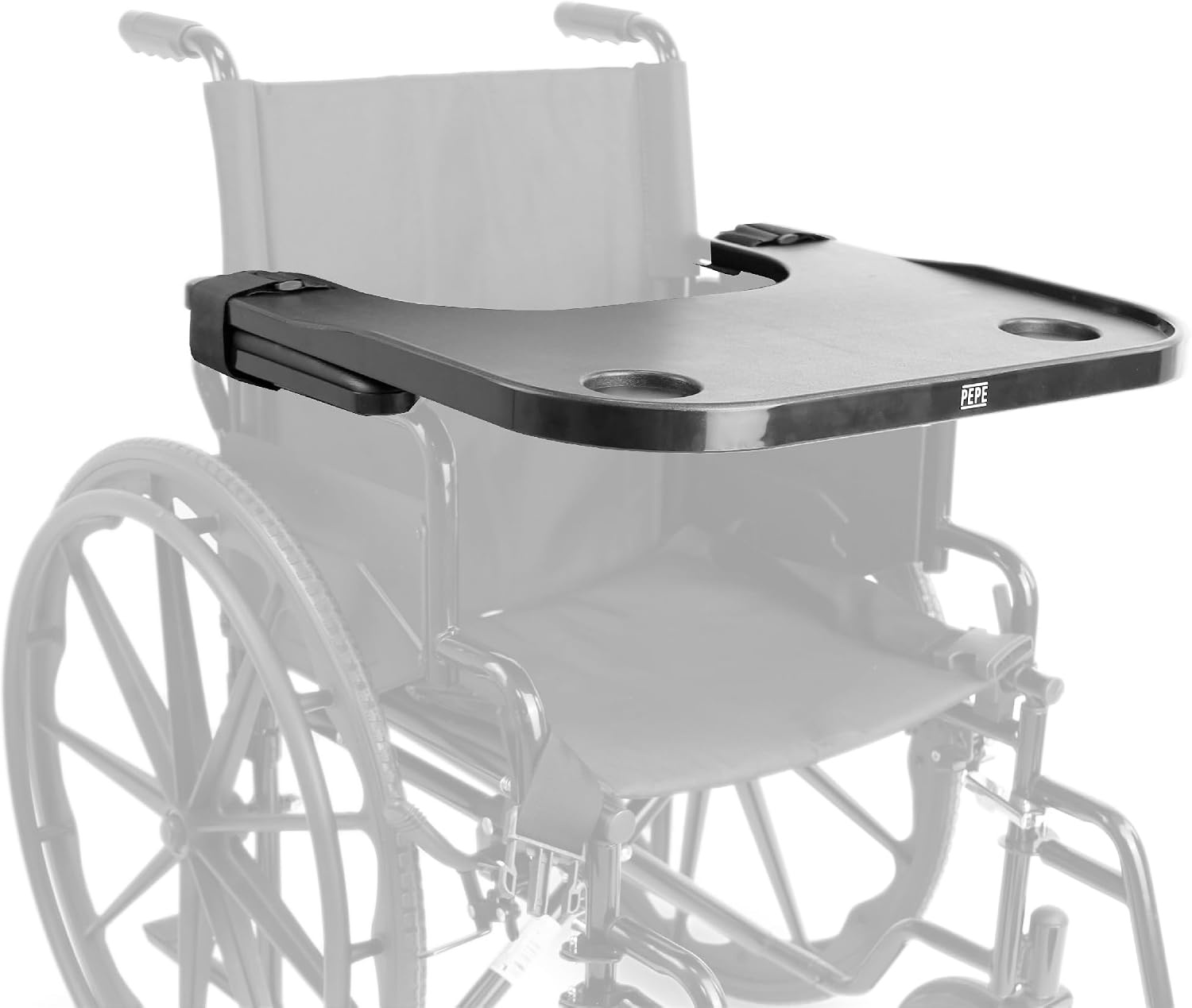 PEPE Mobility Rolstoeltafel met bekerhouder, afneembaar dienblad voor rolstoel voor volwassenen, rolstoeldienblad van ABS-kunststof, universele tafel rolstoelgebruikers, zwart