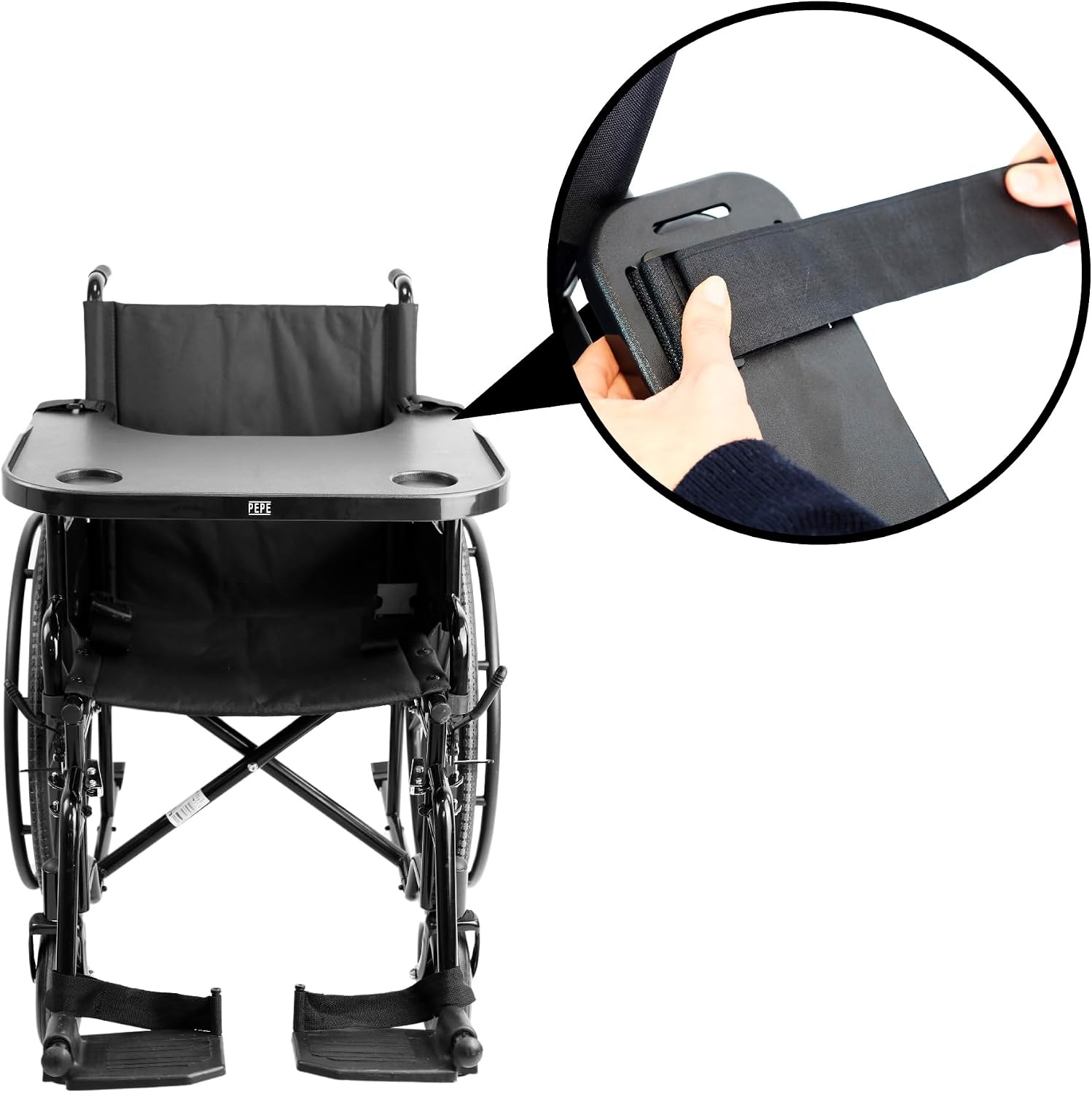 PEPE Mobility Rolstoeltafel met bekerhouder, afneembaar dienblad voor rolstoel voor volwassenen, rolstoeldienblad van ABS-kunststof, universele tafel rolstoelgebruikers, zwart