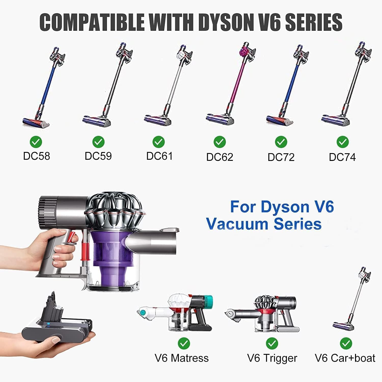 Upgraded V6 Replacement Battery for Dyson V6 Battery DC62 DC59 DC61 DC58 DC72 DC74 SV03 SV04 SV05 SV06 SV07 SV09 Motorhead Absolute