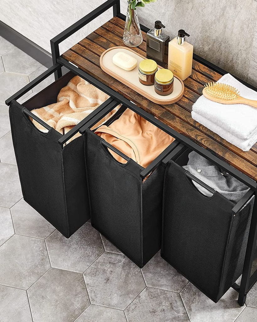 Wasmand - wassorteerder - 3 vakken - 92,5x33x71 cm - 114L - zwart