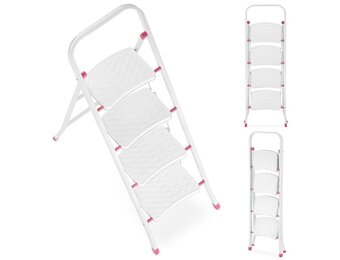Huishoudtrap - 4 treden - inklapbaar - 90 cm hoog - wit/roze