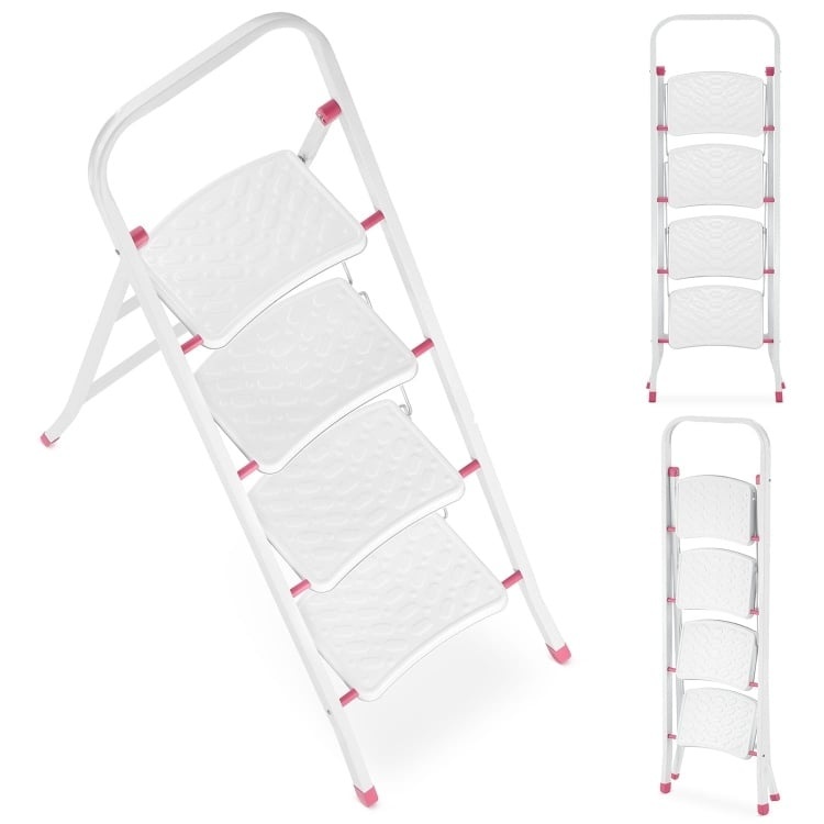 Huishoudtrap - 4 treden - inklapbaar - 90 cm hoog - wit/roze