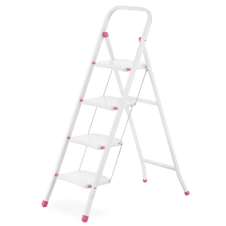 Huishoudtrap - 4 treden - inklapbaar - 90 cm hoog - wit/roze