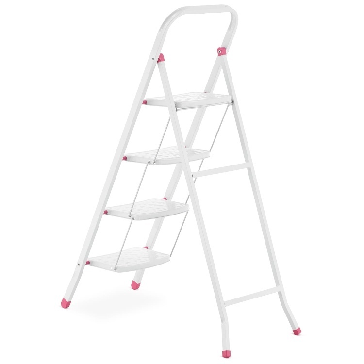 Huishoudtrap - 4 treden - inklapbaar - 90 cm hoog - wit/roze