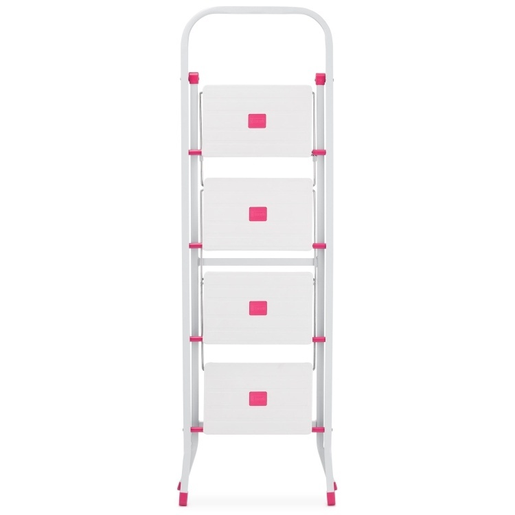 Huishoudtrap - 4 treden - inklapbaar - 90 cm hoog - wit/roze
