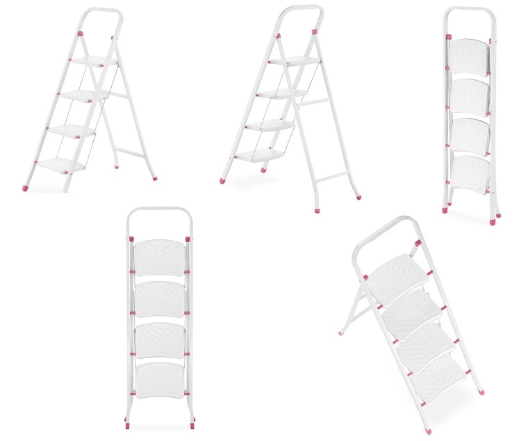 Huishoudtrap - 4 treden - inklapbaar - 90 cm hoog - wit/roze