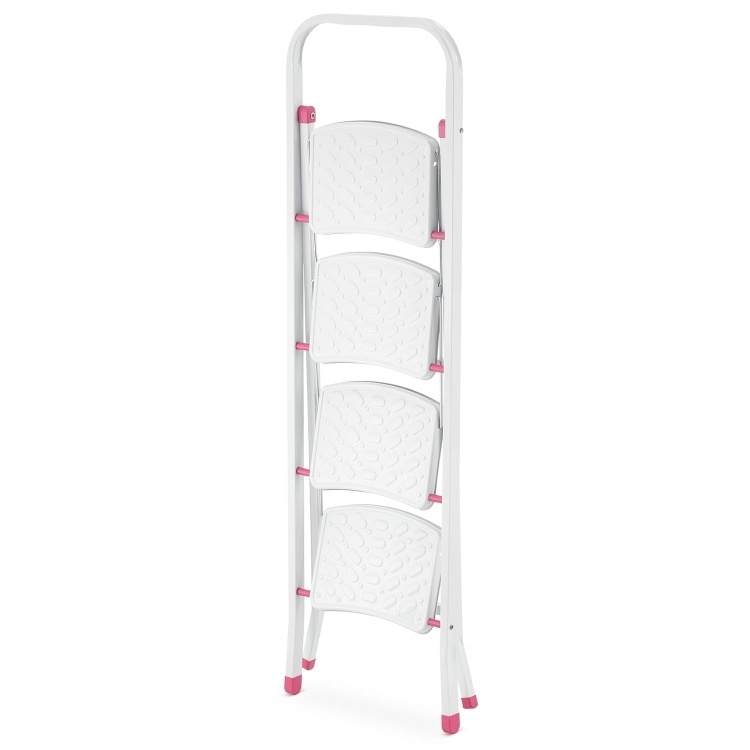 Huishoudtrap - 4 treden - inklapbaar - 90 cm hoog - wit/roze
