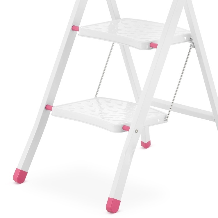 Huishoudtrap - 4 treden - inklapbaar - 90 cm hoog - wit/roze