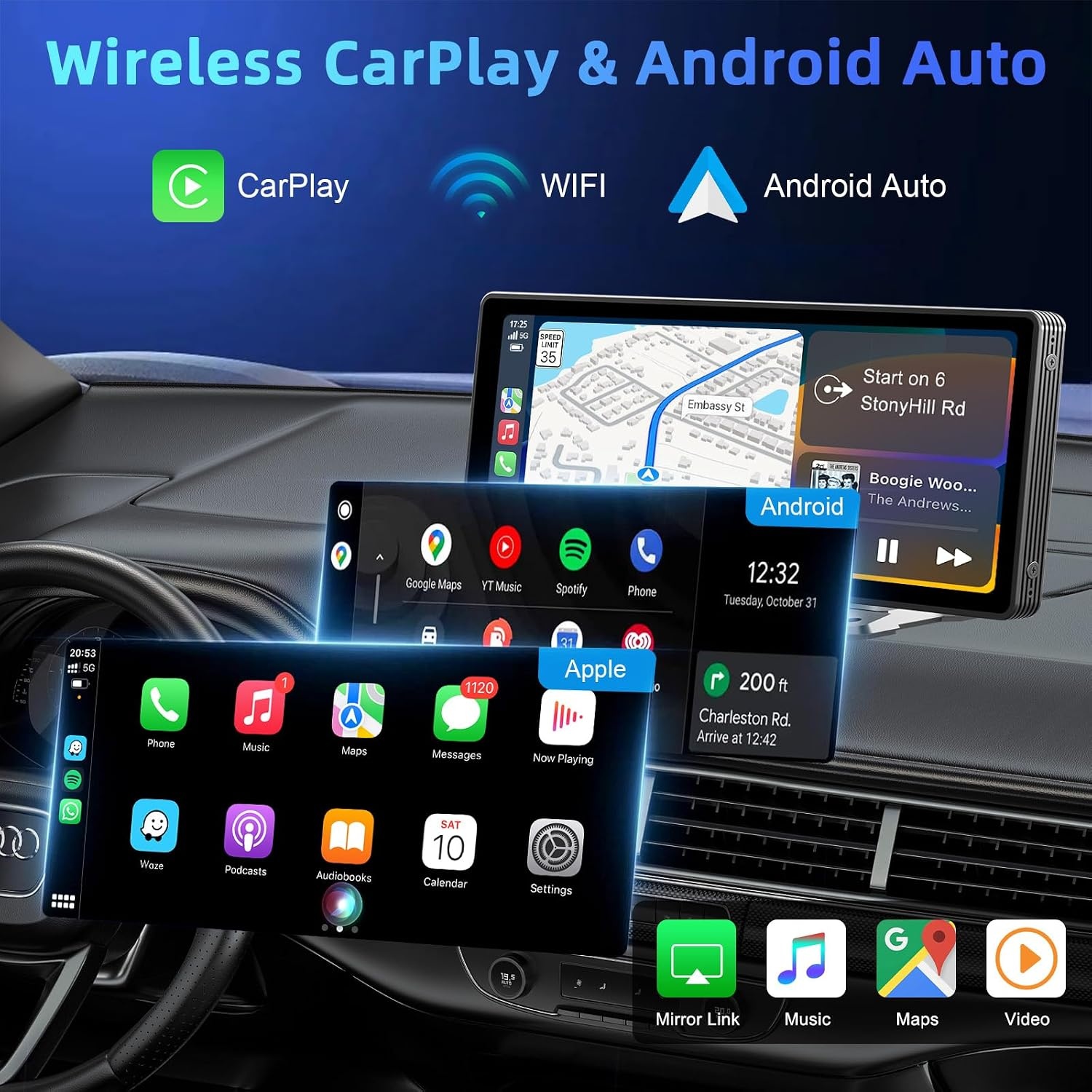 Draagbare Carplay Display Draadloos Apple Carplay Android Auto 10.26 inch IPS Touchscreen Bluetooth MirrorLink FM AUX GPS Achteruitrijcamera Spraakbed