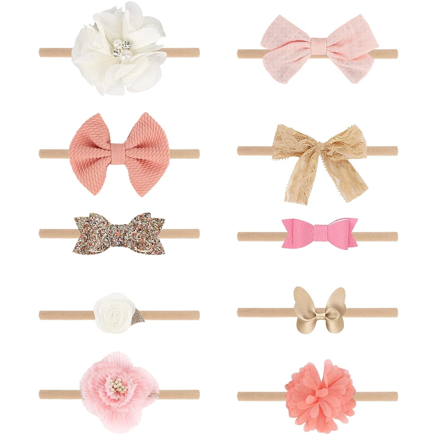 10-delige Baby Haarbandjes Set: Nylon, Zacht & Elastisch met Strikjes en Bloemen