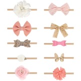 10-delige Baby Haarbandjes Set: Nylon, Zacht & Elastisch met Strikjes en Bloemen