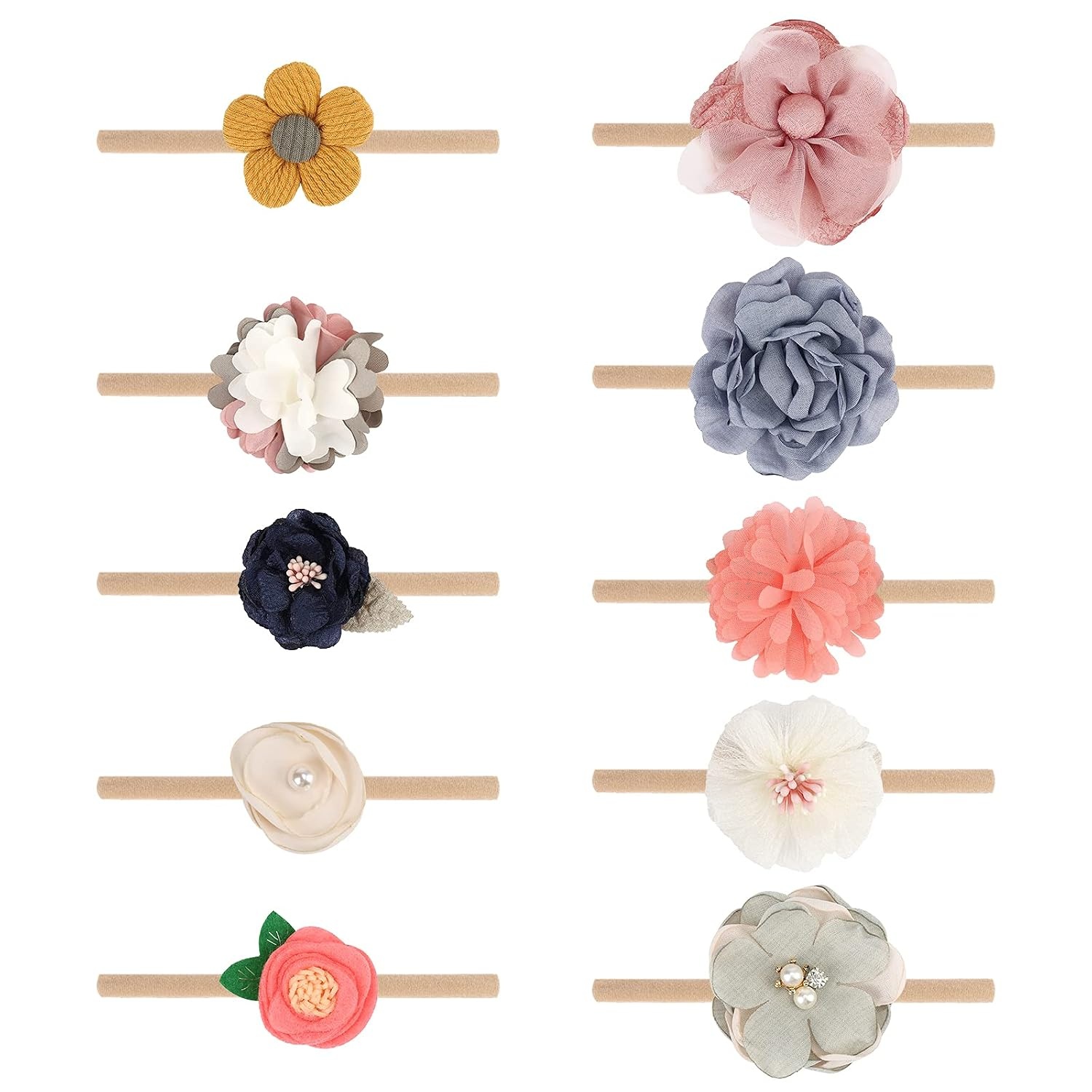 10-delige Baby Haarbandjes Set: Nylon, Zacht & Elastisch met Strikjes en Bloemen