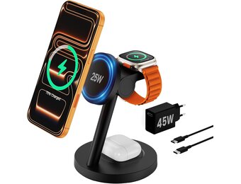 JoyGeek 4-in-1 QI2.2 25 W laadstation compatibel met iPhone 17 16, magnetische oplader voor MagSafe, bureauhouder voor Apple & Samsung Watch incl. 45 W stekker