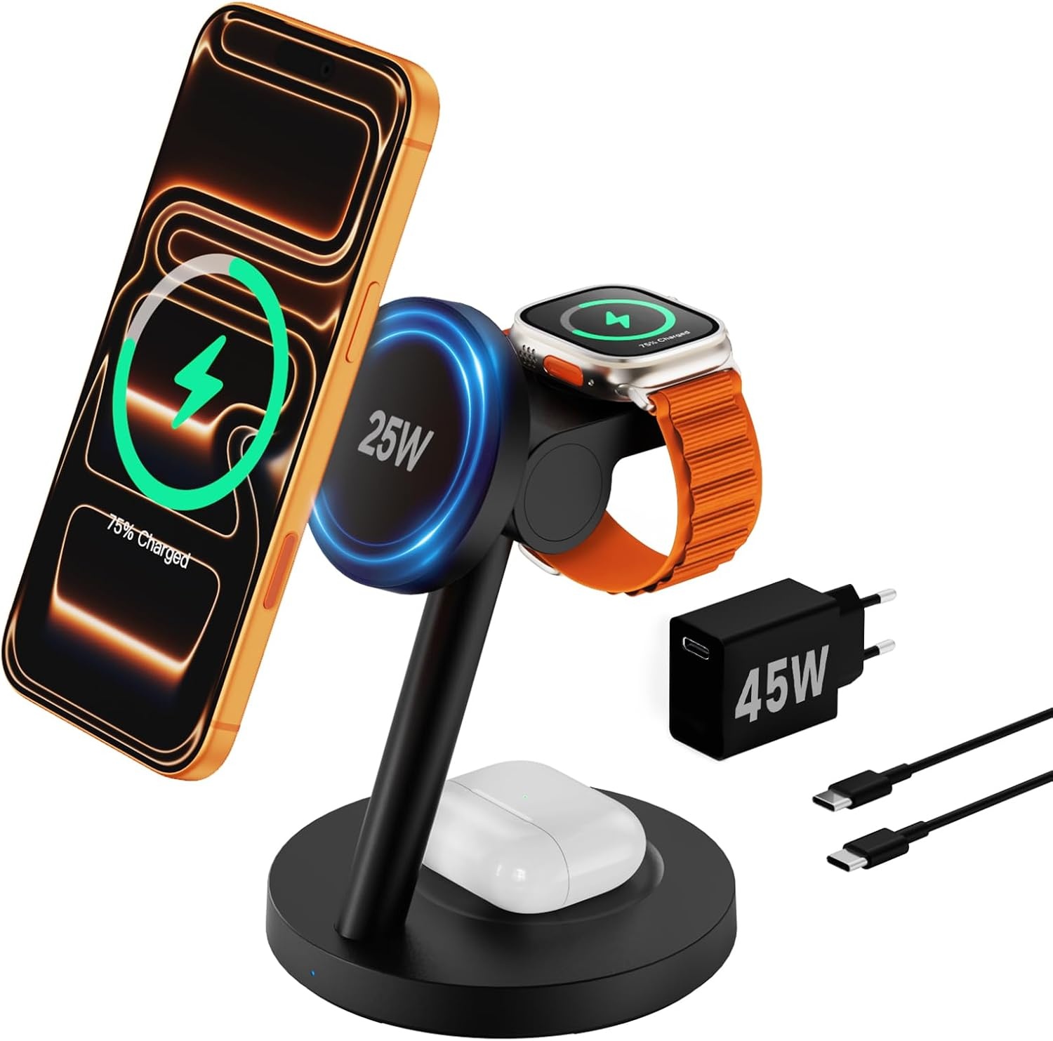 JoyGeek 4-in-1 QI2.2 25 W laadstation compatibel met iPhone 17 16, magnetische oplader voor MagSafe, bureauhouder voor Apple & Samsung Watch incl. 45 W stekker
