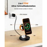JoyGeek 4-in-1 QI2.2 25 W laadstation compatibel met iPhone 17 16, magnetische oplader voor MagSafe, bureauhouder voor Apple & Samsung Watch incl. 45 W stekker