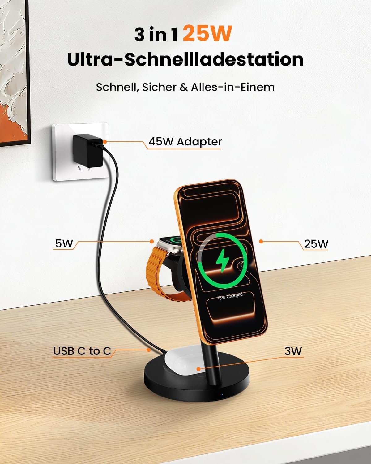 JoyGeek 4-in-1 QI2.2 25 W laadstation compatibel met iPhone 17 16, magnetische oplader voor MagSafe, bureauhouder voor Apple & Samsung Watch incl. 45 W stekker