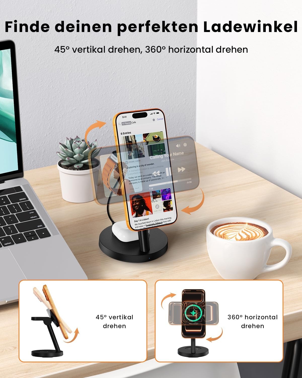 JoyGeek 4-in-1 QI2.2 25 W laadstation compatibel met iPhone 17 16, magnetische oplader voor MagSafe, bureauhouder voor Apple & Samsung Watch incl. 45 W stekker