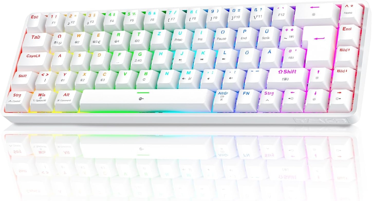 TMKB T68 Gaming Keyboard, 60% Wireless Mechanical RGB Keyboard with Bluetooth/2.4G/Type-C, Compact 68 Keys Anti-Ghosting, German QWERTZ Layout, Blue Clicky Switch, White