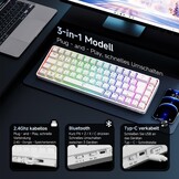 TMKB T68 Gaming Keyboard, 60% Wireless Mechanical RGB Keyboard with Bluetooth/2.4G/Type-C, Compact 68 Keys Anti-Ghosting, German QWERTZ Layout, Blue Clicky Switch, White
