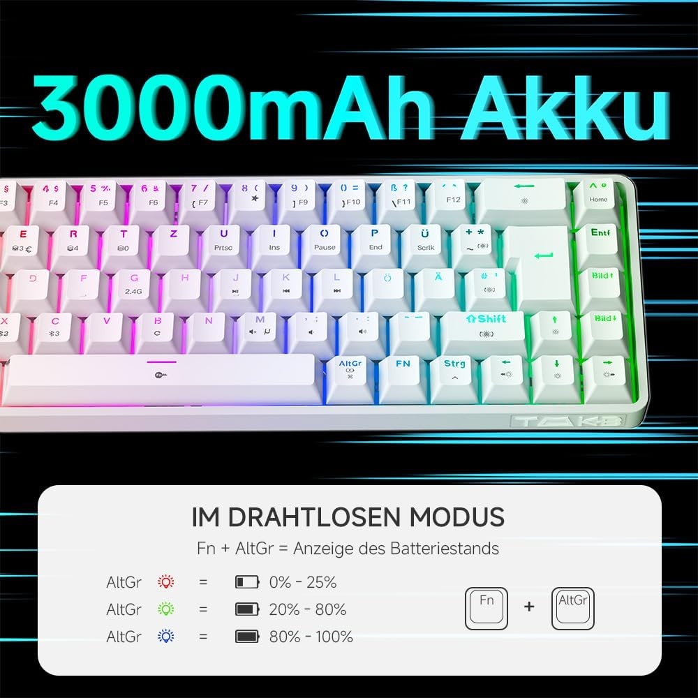 TMKB T68 Gaming Keyboard, 60% Wireless Mechanical RGB Keyboard with Bluetooth/2.4G/Type-C, Compact 68 Keys Anti-Ghosting, German QWERTZ Layout, Blue Clicky Switch, White