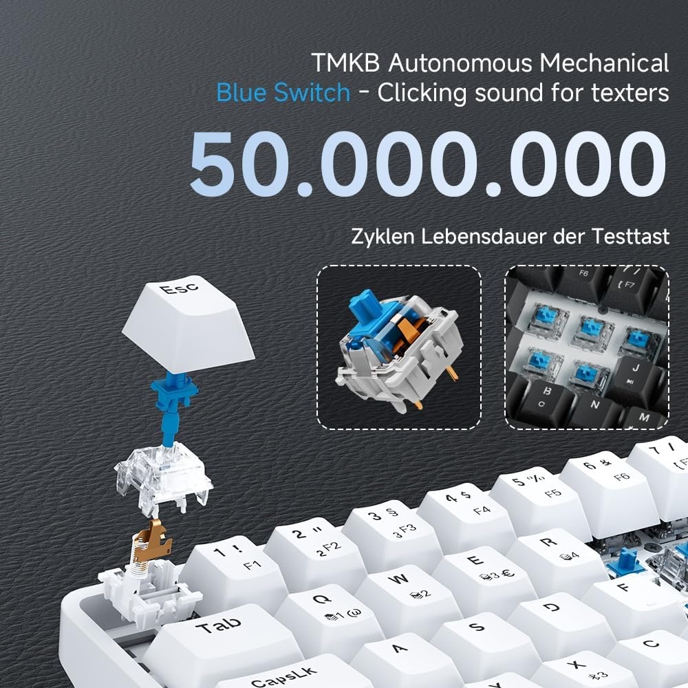TMKB T68 Gaming Keyboard, 60% Wireless Mechanical RGB Keyboard with Bluetooth/2.4G/Type-C, Compact 68 Keys Anti-Ghosting, German QWERTZ Layout, Blue Clicky Switch, White