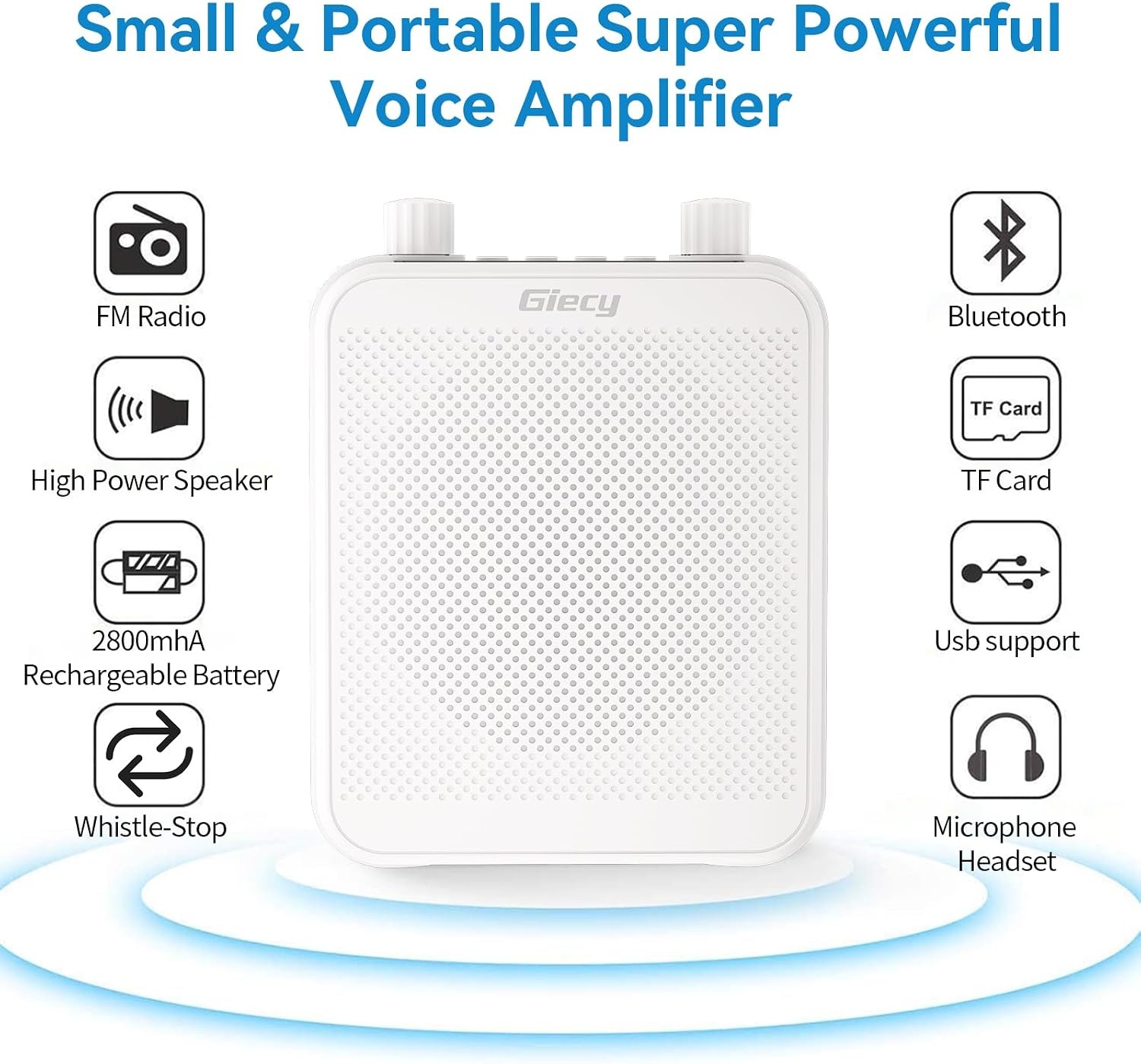 Draagbare Spraakversterker(30W) met 7.4V/2800mAh Lithium Batterij (Wit)