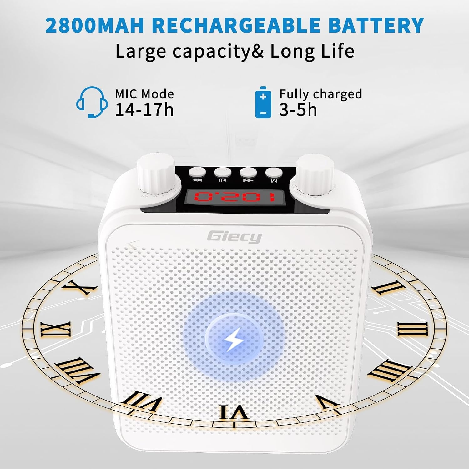 Draagbare Spraakversterker(30W) met 7.4V/2800mAh Lithium Batterij (Wit)