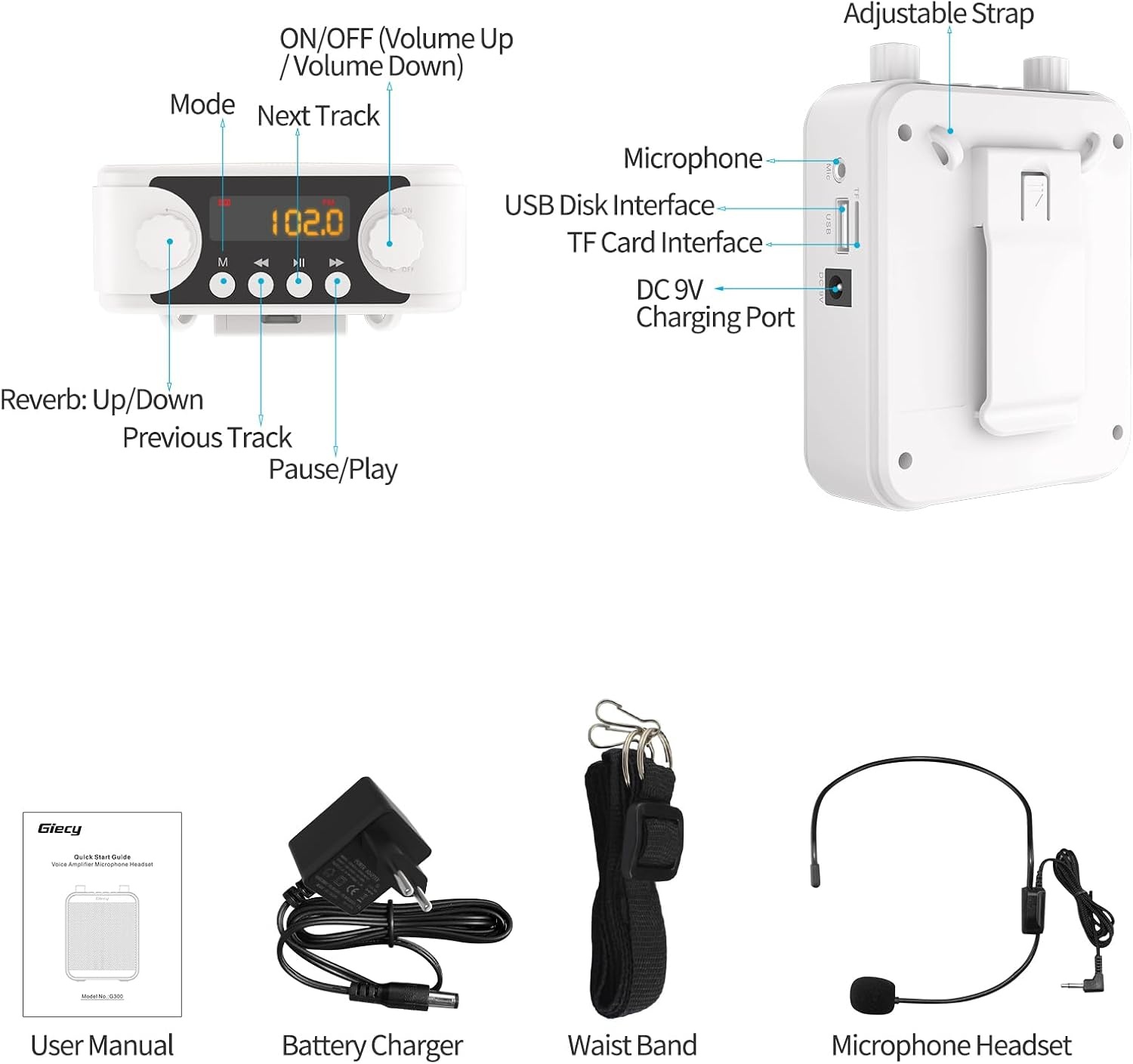 Draagbare Spraakversterker(30W) met 7.4V/2800mAh Lithium Batterij (Wit)