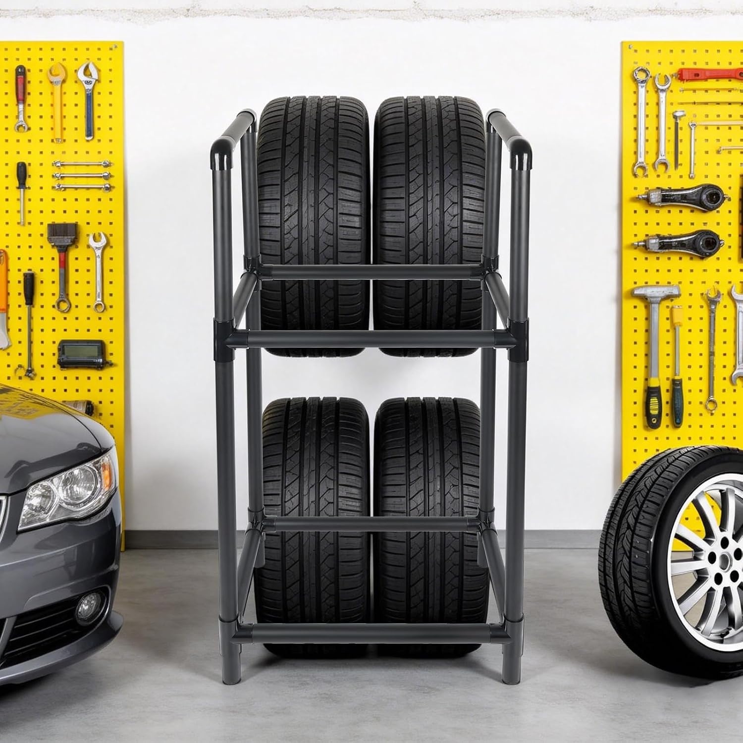 Rim Boom Tire Stand for 4 Tyres, Height Adjustable Tire Rack, Robust Steel Construction, Tyre Stand for Garage & Workshop (57.2 x 37.3 x 114.5 cm)