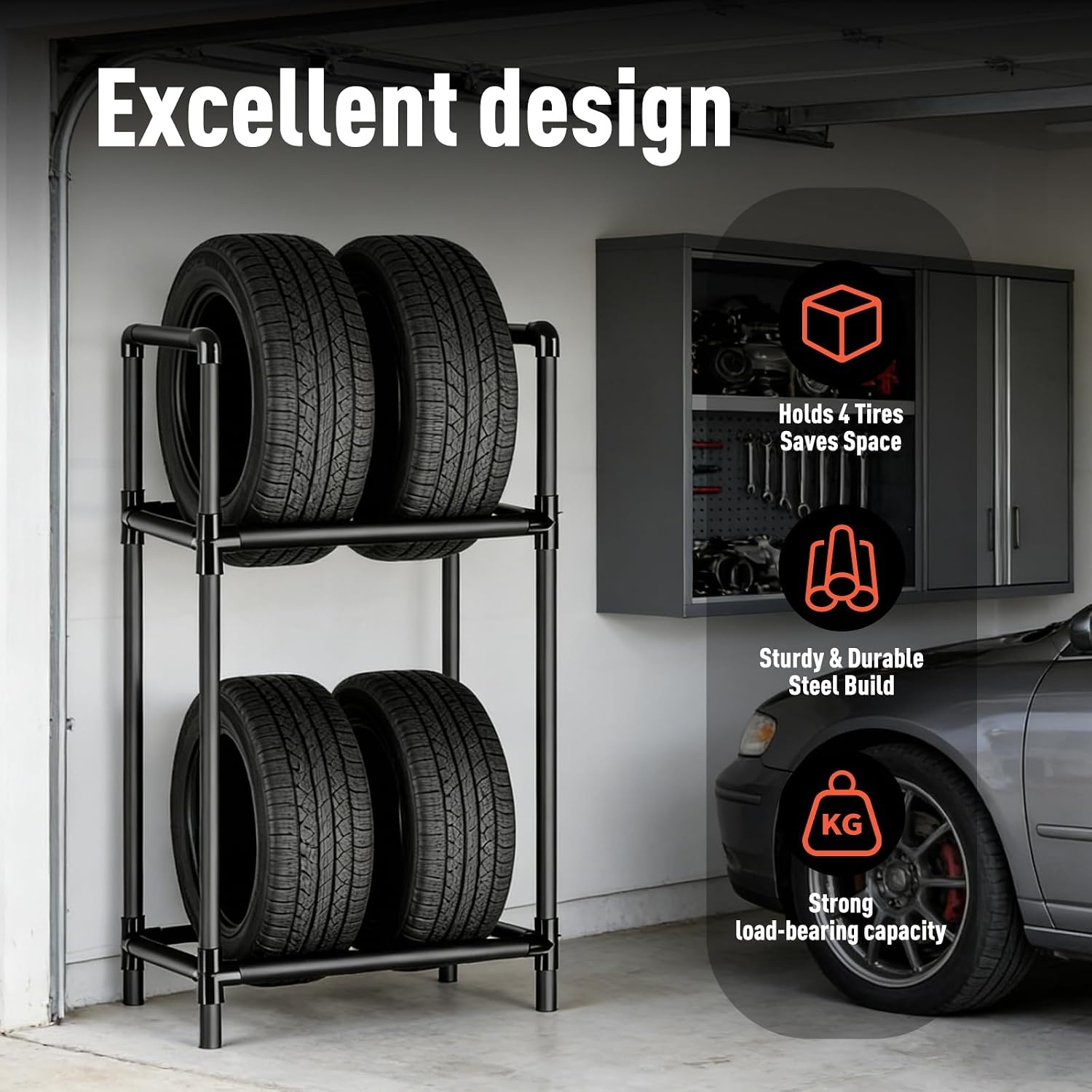 Rim Boom Tire Stand for 4 Tyres, Height Adjustable Tire Rack, Robust Steel Construction, Tyre Stand for Garage & Workshop (57.2 x 37.3 x 114.5 cm)